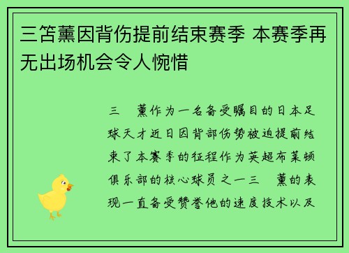 三笘薰因背伤提前结束赛季 本赛季再无出场机会令人惋惜 三笘薰因背伤提前结束赛季 本赛季再无出场机会令人惋惜