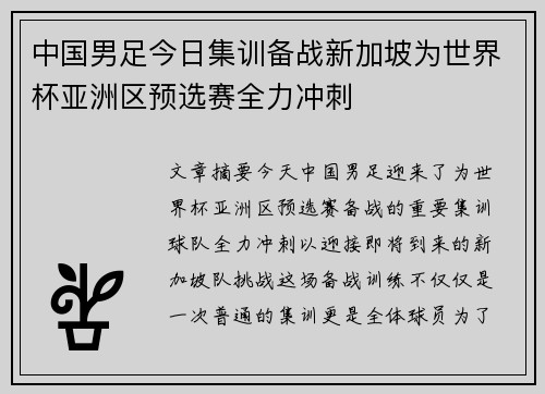 中国男足今日集训备战新加坡为世界杯亚洲区预选赛全力冲刺